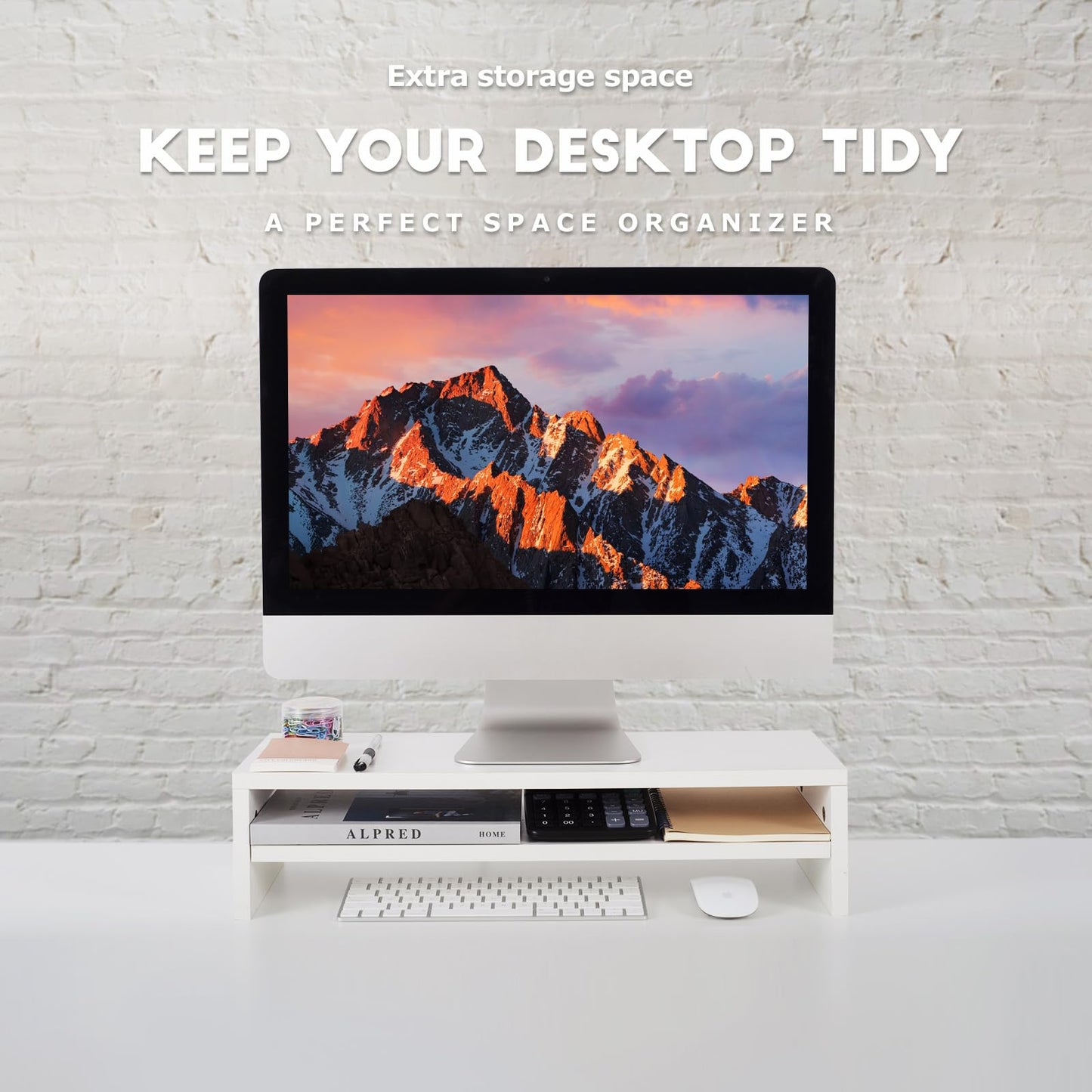 BEYGORM Monitor Stand Riser White, 21.6 inch 2 Tiers Wood Desk Shelf Computer Screen Stand with Storage for Desktop Laptop/Screen/TV/PC/Printer, Desk Shelf Organizer 21.6" L x 7.8" W x 5.2" H