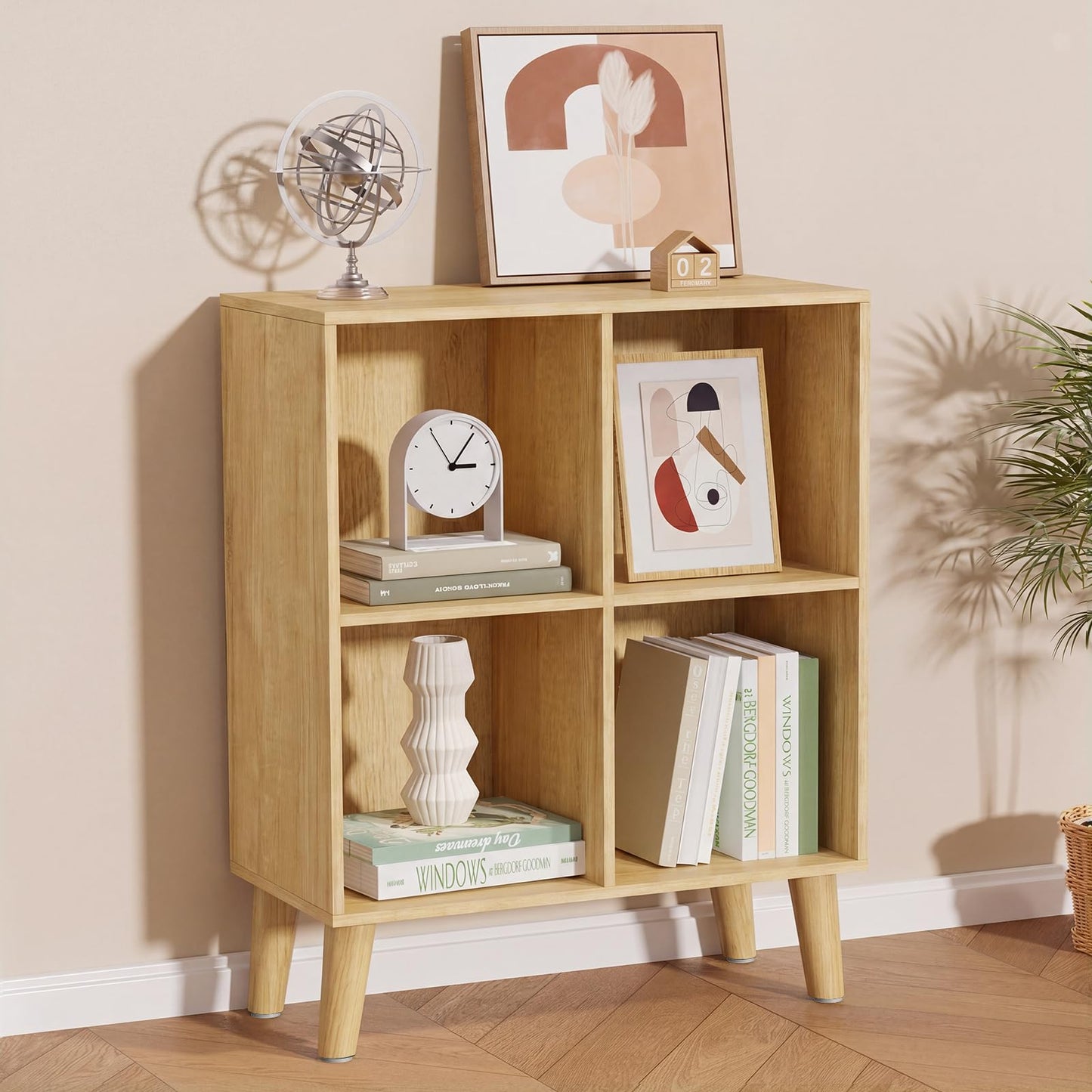 VAFHYLLIS 4 Cube Storage Organizer with Legs, 2 Tier Cube Low Bookcase Freestanding Storage Display Organizer for Home Office, Four-Cubes Open Shelf Short Bookshelf (Natural Oak, 4 Cube)