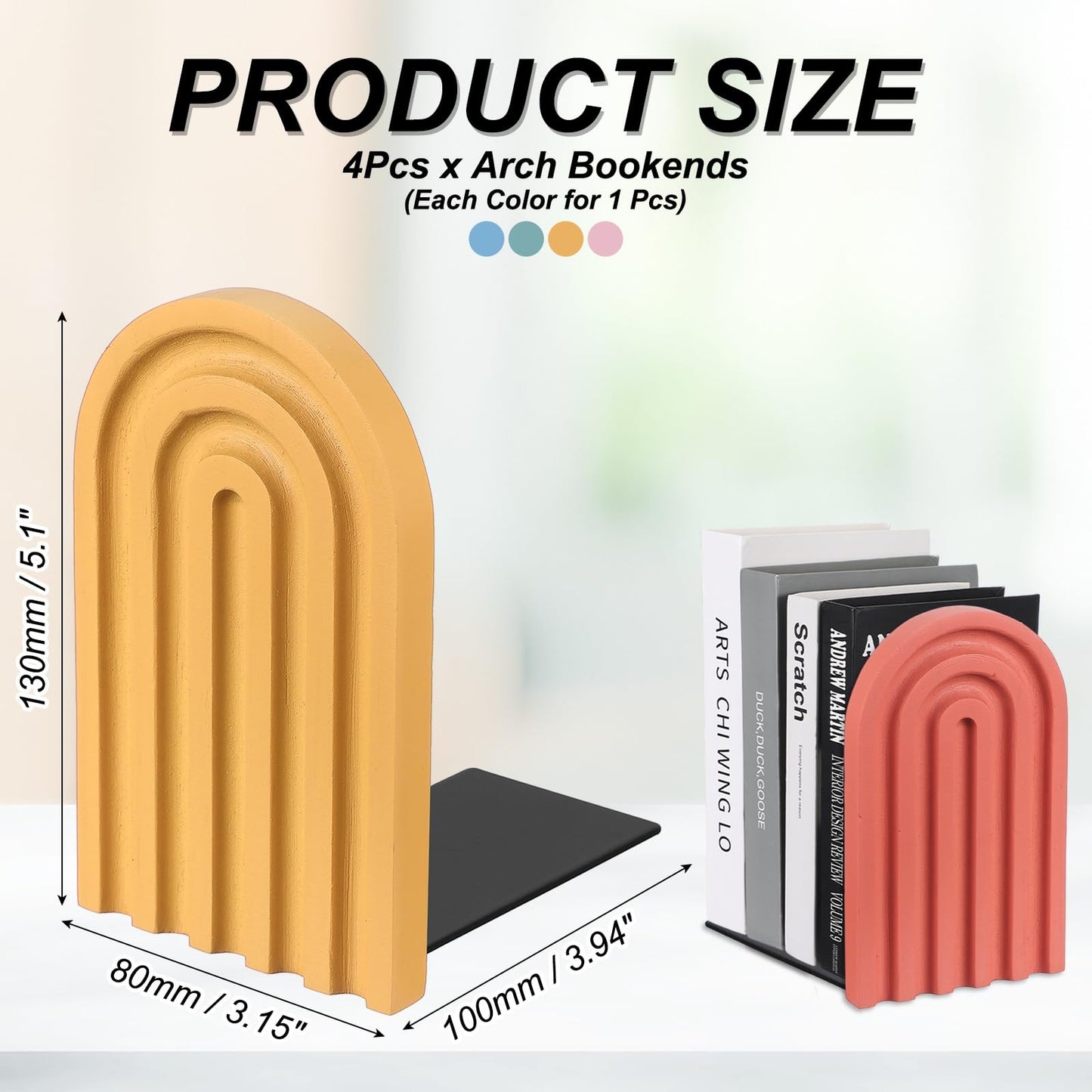 PATIKIL 4Pcs Boho Arch Bookends, Non-Skid Wood Book Ends Rainbow Wooden for Shelves Book Stopper Stand Cute for Holding Books Movie CD Home Office Library Decorative, Yellow/Pink/Blue Tone