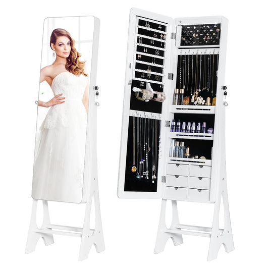 MASMIRE Mirror Jewelry Cabinet Standing, Full Length Mirror Jewelry Armoire Jewelry Organizer Lockable Jewelry Storage for Women Girl Full-Length Frameless LED Lights 6 Drawers Lockable White