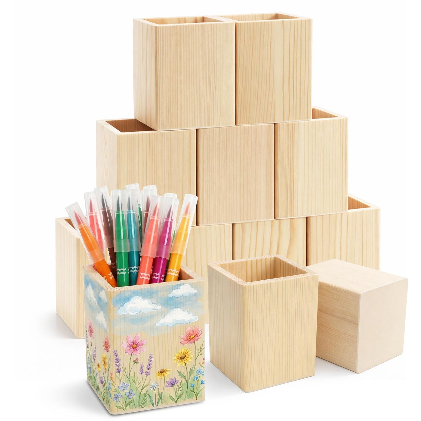Yopay 12 Pack Wooden Pencil Holder, 4 Inch Square Desktop Wood Boxes for Crafts, DIY Unfinished Wooden Vase for Wedding Centerpieces Decor, Homemade DIY Supplies
