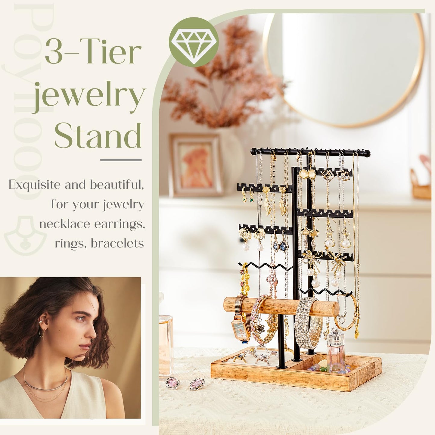 Poyilooo Earring Holder Jewelry Stand, 3 Tier Jewelry Organizer with Ring Holder Tray for Necklace Earring Keychains Bracelet Rings Display Jewelry Tree Stand (Carbonized Brown)