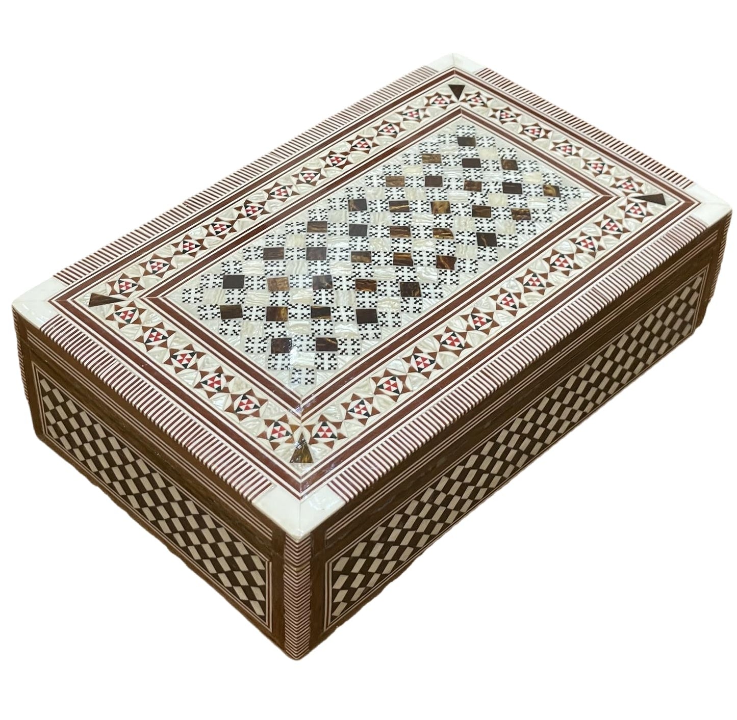 FAMA.store Handmade Egyptian Jewelry Box – Mother of Pearl Inlay – Decorative Wooden Trinket Box for Women Oriental Keepsake Storage Organizer (8" X 5" x 2.2"inch M02)