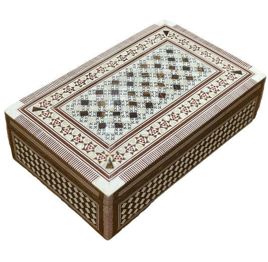 FAMA.store Handmade Egyptian Jewelry Box – Mother of Pearl Inlay – Decorative Wooden Trinket Box for Women Oriental Keepsake Storage Organizer (8 X 5 x 2.2 inch M13)