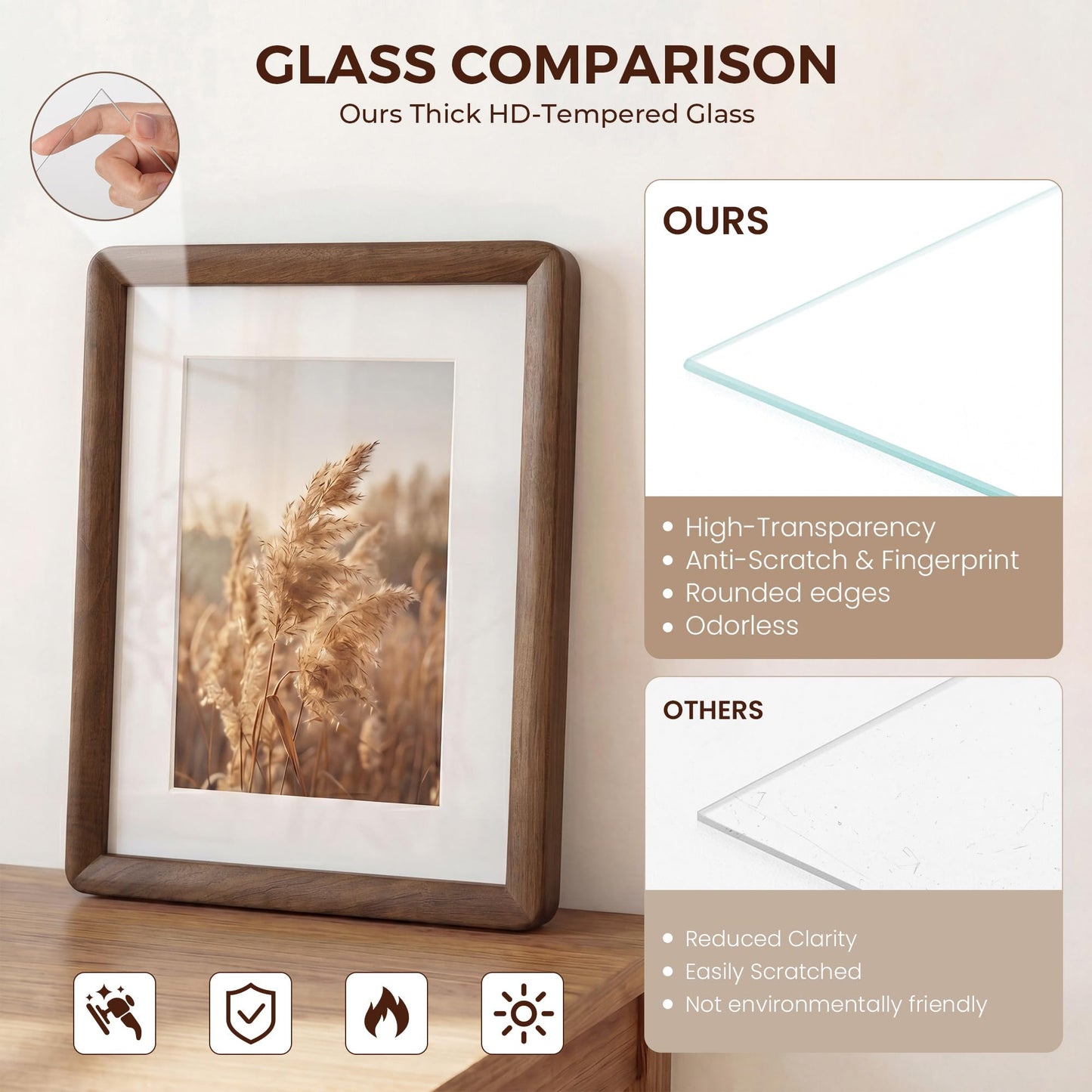 12x16 Picture Frame, USA-Sourced Walnut Wood Photo Frame with HD Tempered Glass, Handcrafted Rustic Farmhouse Wooden Frame for Wall & Tabletop Display, Matted to 8.5x11