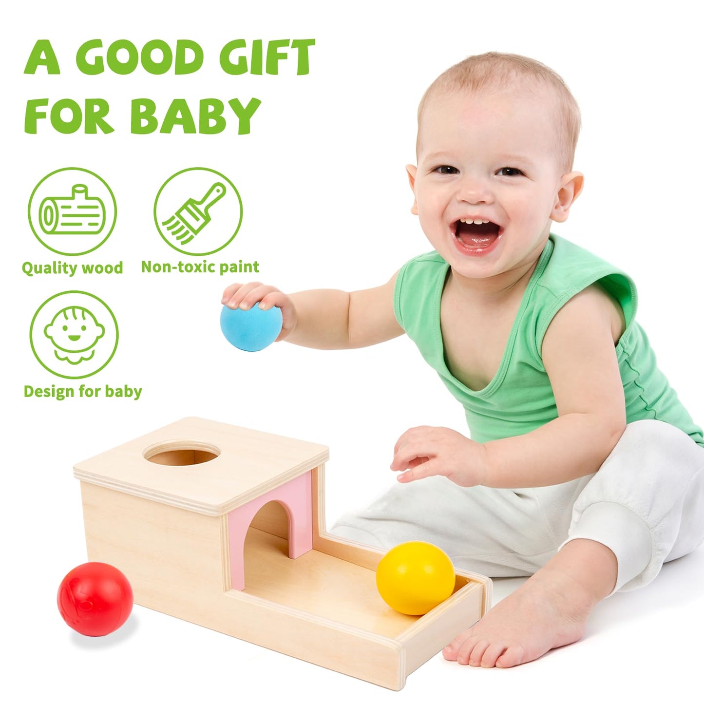 Adena Montessori Object Permanence Box with Tray Three Balls Montessori Toys for 6-12 Months Baby 1 Year Old Infant Toddler Wooden Pink Door for Girl