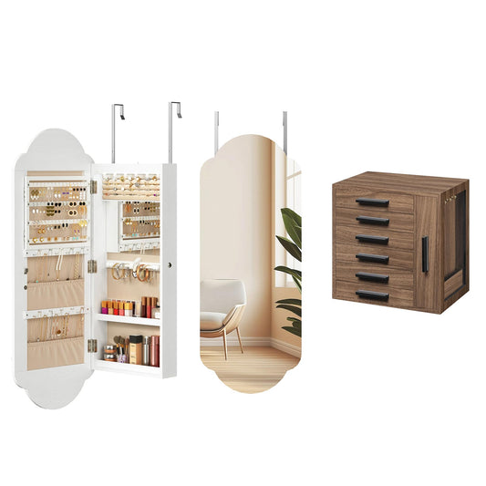 HOOBRO Jewelry Box for Women and Wide Jewelry Cabinet, Jewelry Organizer Box, LED Jewelry Organizer Wall/Door Mounted, 6-Tier Wooden Jewelry Box, Hanging Jewelry Cabinet Mirror, BH12JB04-WT03JC04