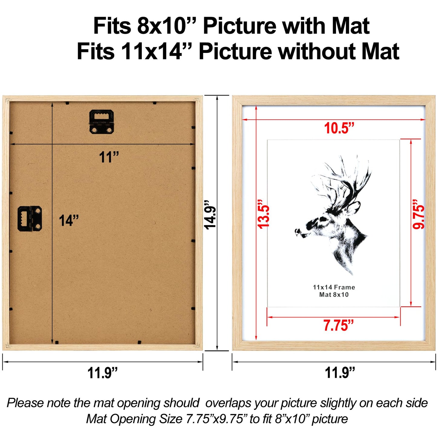 Yaetm 11x14 Wood Picture Frame with Mat for 8x10 Set of 4, Natural Solid Oak Wood 11x14 Frame with Tempered Glass for Horizontal and Vertical Wall Mounting (4 pack, Oak)