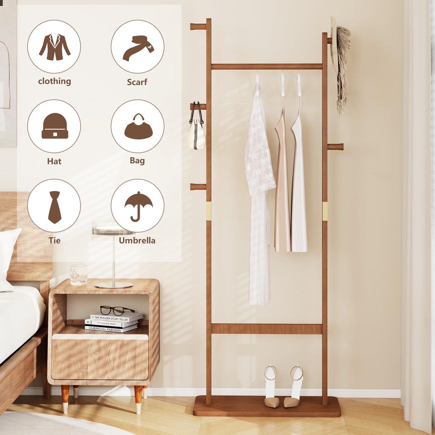 Fmlud Solid Wood Coat Rack, Freestanding Clothes Racks with Shelf, Entryway Coat Rack for Hanging Clothes, Wooden Clothing Rack for Corner, Living Room, Bedroom, Hotel