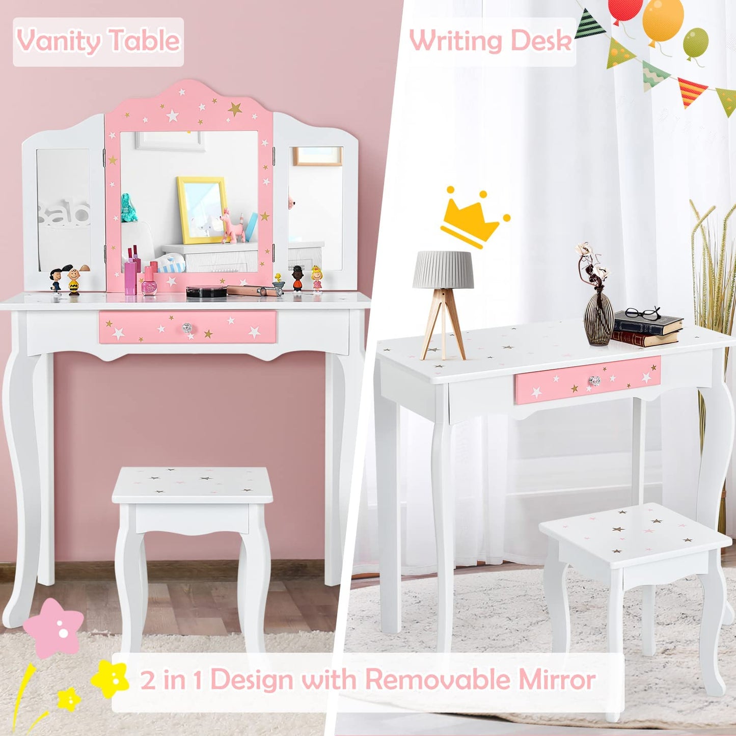 HONEY JOY Kids Vanity, Wooden Princess Makeup Dressing Table with Stool & Drawer, Tri-Folding Mirror, Detachable Top, Toddler Pretend Play Vanity Set for Little Girls (White)