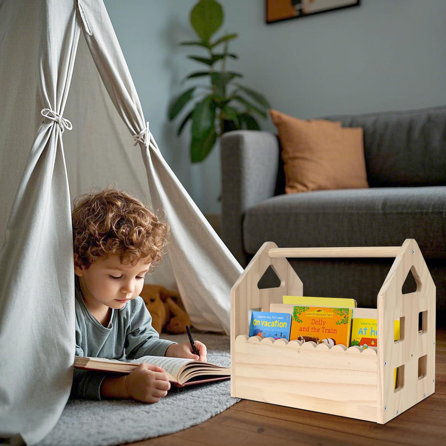 ElasignShopo Double-Sided Montessori Scalloped Bookshelf for 1-5 Years, Nursery Cute Storage for Books, House Shape Wooden Nursery Small Bookshelf, Room Furniture, Baby Bookcase 12 * 11.6 * 7.9"