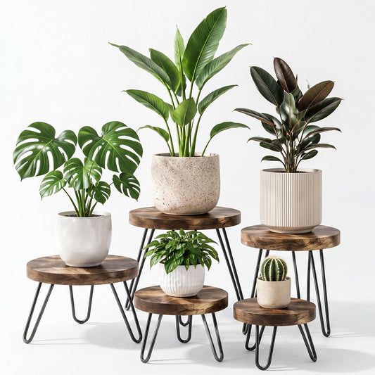5 Pack Wood Plant Stand Indoor Outdoor, Plant Stand with Metal Legs for 6-12 Inch Pots, Mid Century Modern Stool, Low Short Boho Rustic Multi-size Set for Living Room Bedroom Balcony Home Decor