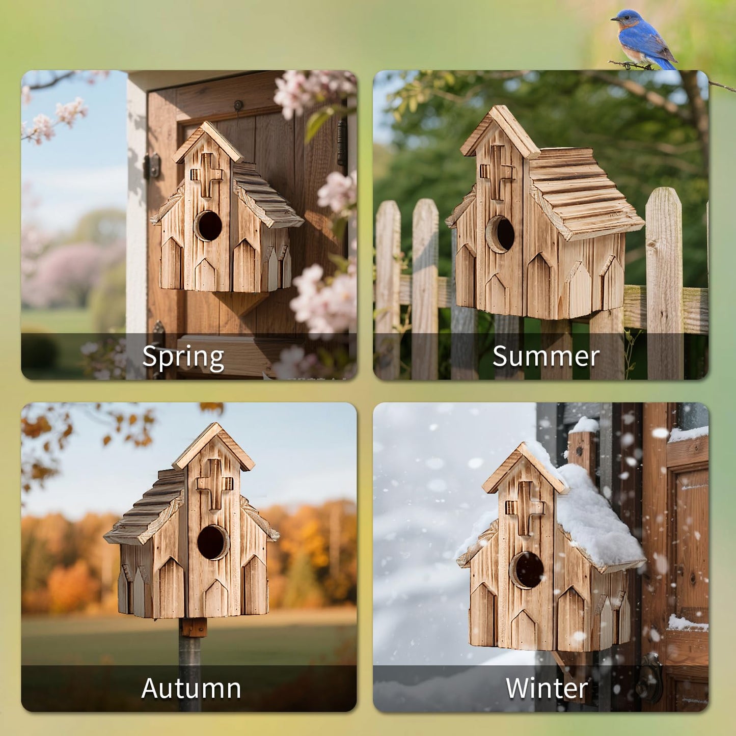 NATUREYLWL Church-Shaped Wooden Birdhouses, Cross Design Bird Houses for Outside, Hanging Birdhouse for Bluebird, Robin, Cardinal, Sparrow, and Finch, Bird Nesting Box for Outdoor Garden Decoration