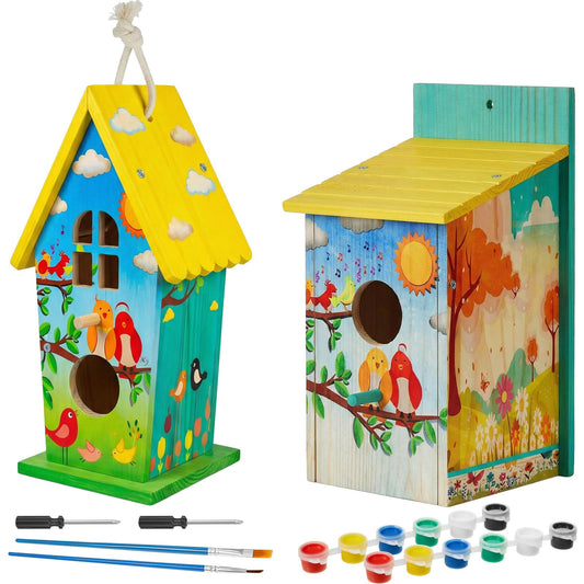 Liliful 2 Pack DIY Bird House Kits for Kids, Thickened Wooden Creative DIY Birdhouse Kits Arts and Crafts Set for Kids and Adults, Outdoor Woodworking Crafts Gifts for Toddlers Ages(Natural Style)