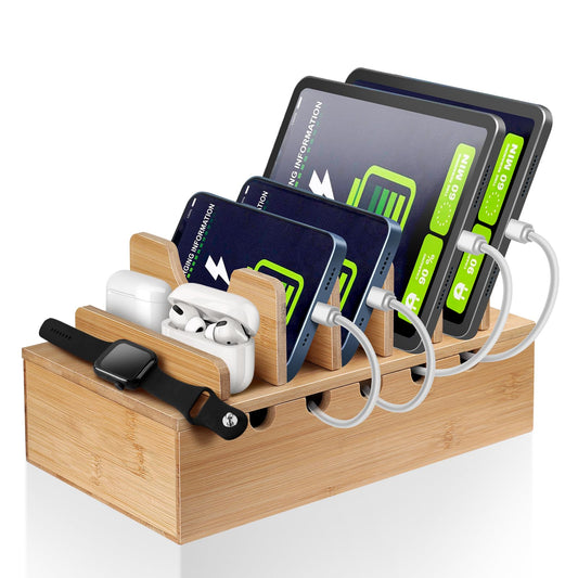 MINCORD Bamboo Charging Station for Multiple Devices, Cell Phone Docking Charging Station Organizer, Nightstand Bedside Desk Device Charger Organizer for Laptop, Tablets and iPads