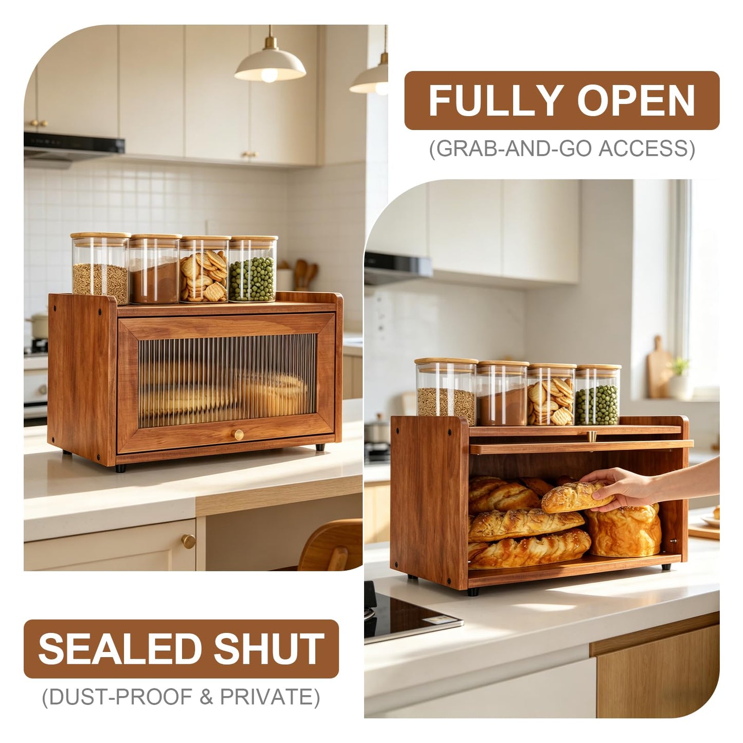 OCSERMIR Wooden Bread Box for Kitchen Countertop, Daily Bread Storage for Clutter-Free Counters, Flat Top Bread Holder with Acrylic Door, Brown