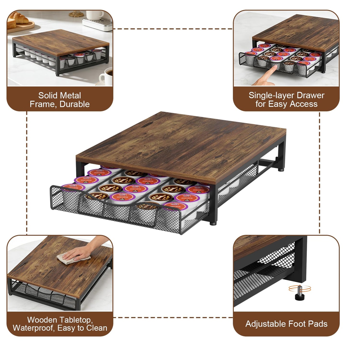VyGrow Coffee Pod Holder For Counter, Wooden K Cup Holder with Single Layer Sliding Drawer, Large Capacity Coffee Pod Storage for Coffee Station, Home, Office, Kitchen