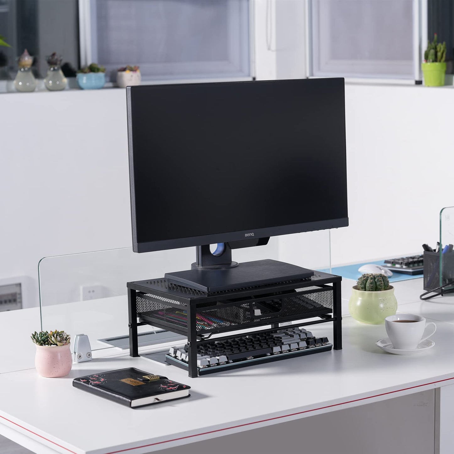 Mknana Metal Computer Stand for Desk,Monitor Riser with Drawer ,Desktop Stand for Laptop,Printer and Monitor,Black