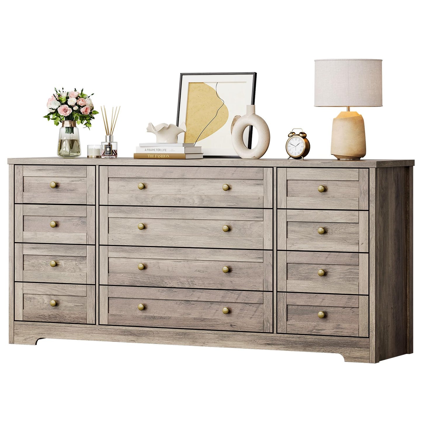Garvee 12 Drawer Wooden Dressers for Bedroom, Grey Dresser for Adult Bedroom, Modern Wood Chest of Drawers for Living Room, Closet, Entryway, Hallway, Farmhouse Wide TV Stand for 65 Inch TV