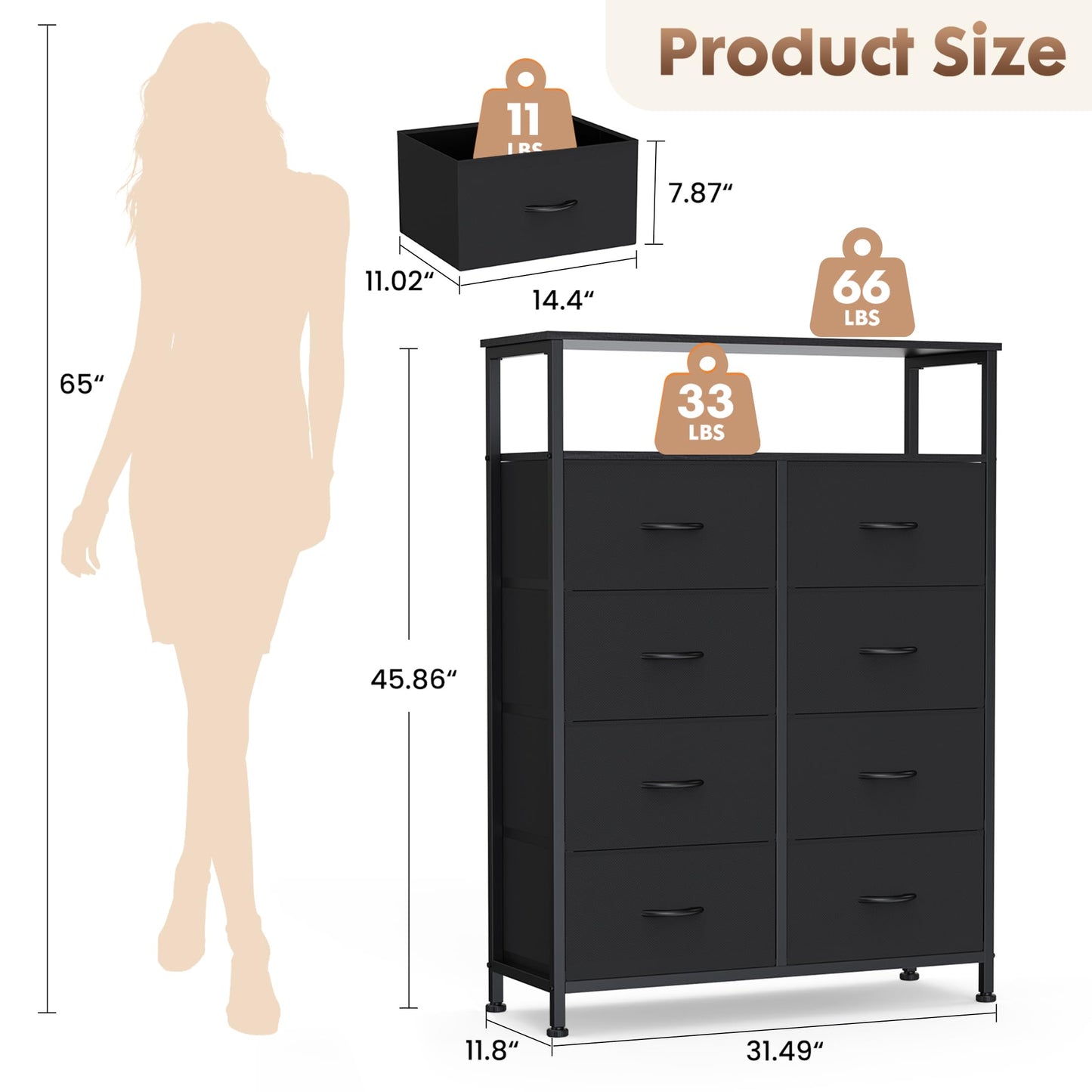 DUMOS Fabric Dresser for Bedroom with 8 Drawers, Tall 8-Drawer Chest of Drawers with Raised Shelf, Storage Tower with Fabric Bins for Closet Organization, Hallway Storage, Black