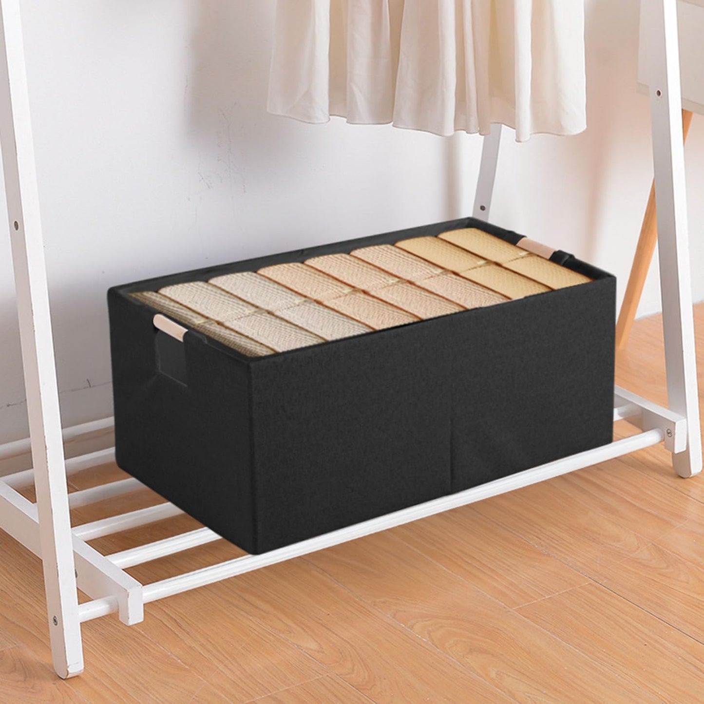 LaMorée Fabric Storage Bin Box Foldable Cotton Linen Storage Basket with Wooden Handles Rectangular Cube Decorative Home Laundry Organizer Clothes Blanket Container – Black, Large