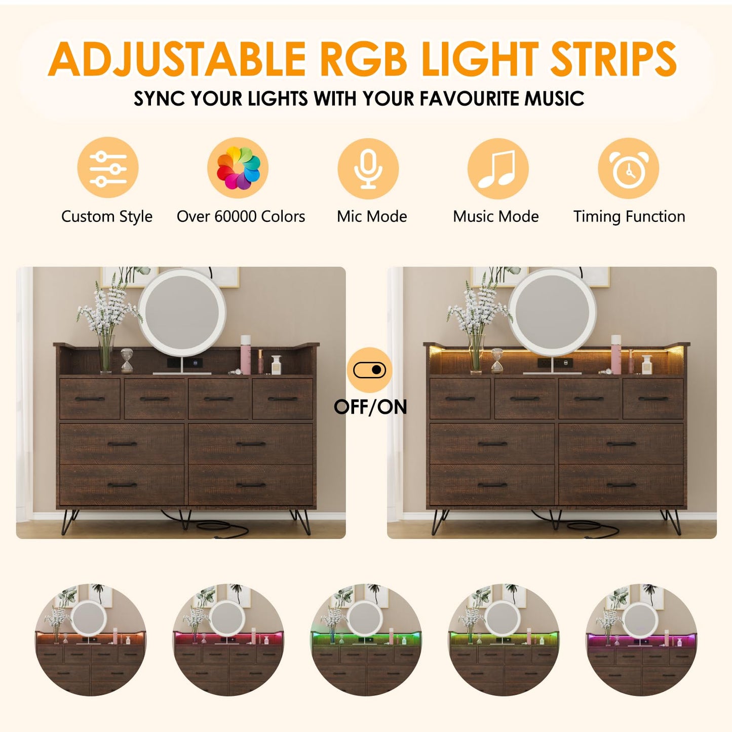 Hetoy Wooden Dressers for Bedroom with 8 Storge Drawers & LED Lights and Charging Station, Brown Wood Chest of Drawers, Modern Deep Drawers Organizer for Closet, Living Room Hallway, Entryway