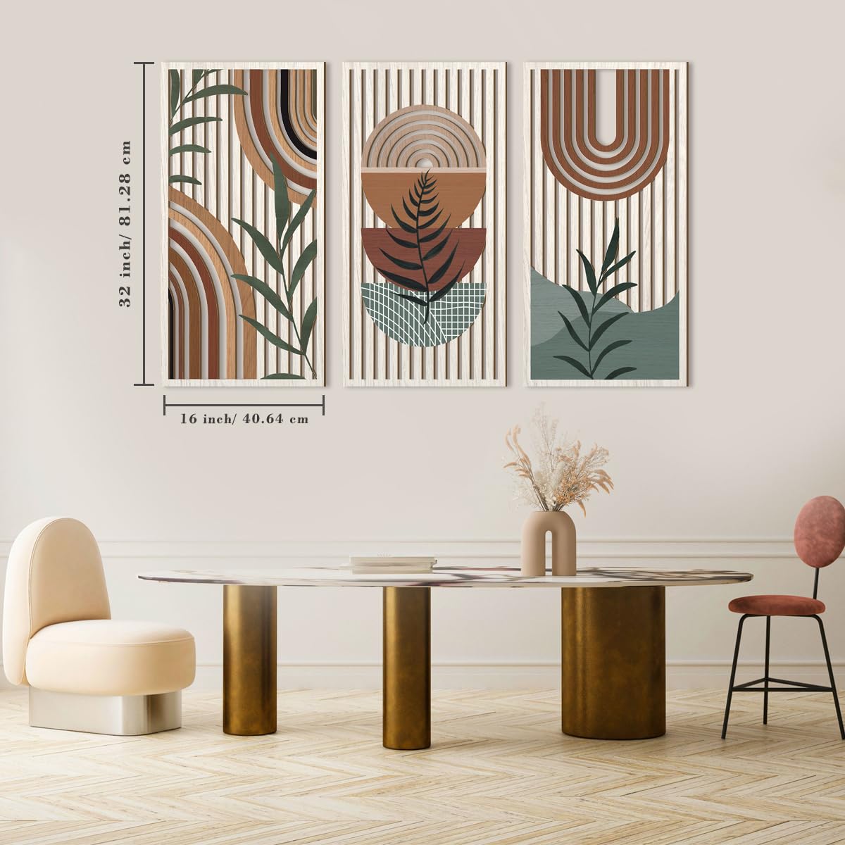 IARTTOP Large Boho Wood Wall Art 16x32 Inch Mid Century Modern Bohemian Wooden Wall Decor Brown Minimalist Geometric Plant Decor for Bedroom Living Room Dining room Set of 3