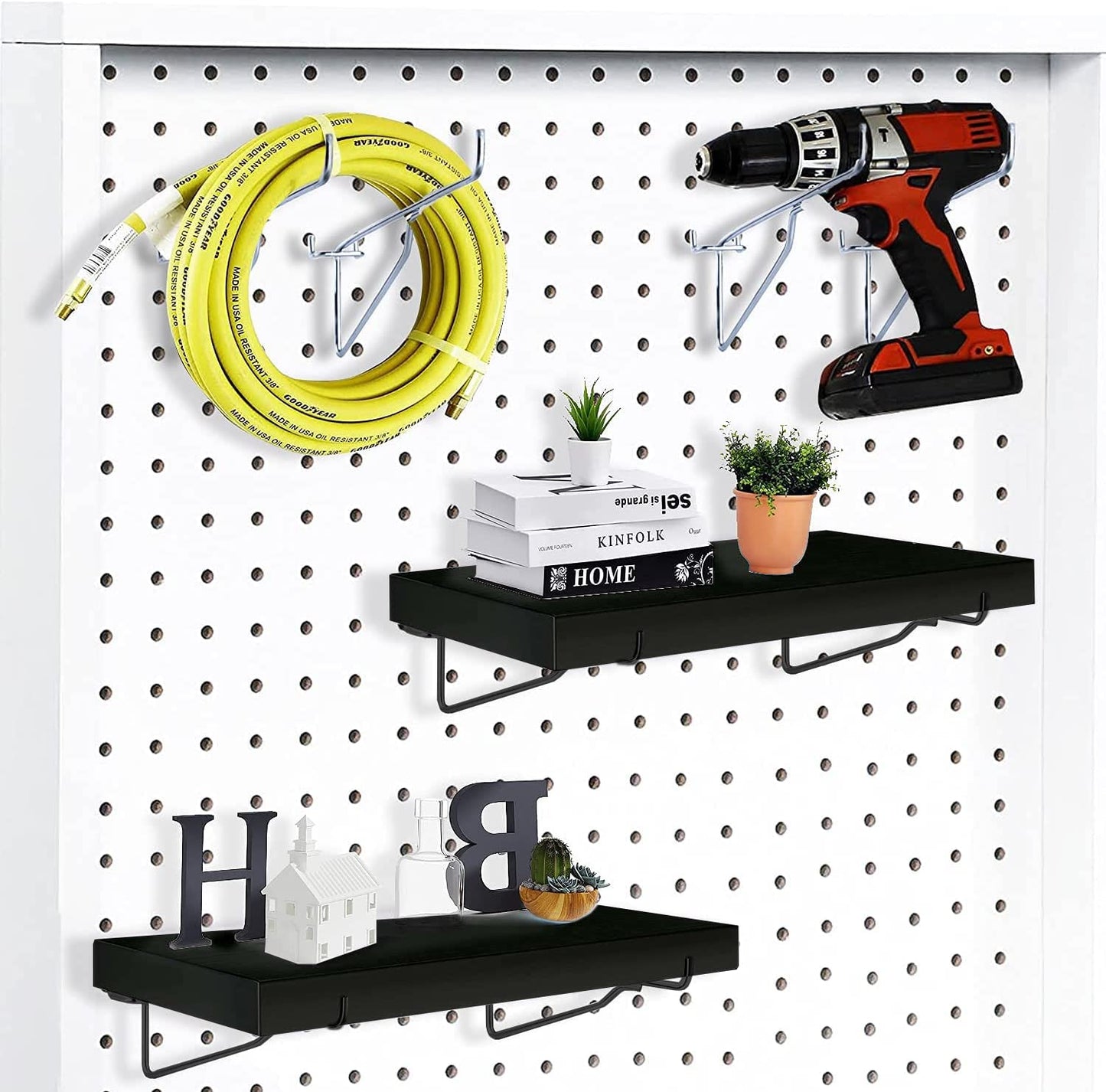 HJW Pegboard Shelf Black, 4 Pack Wooden Pegboard Shelves with Metal Pegboard Shelf Brackets Pegboard Hooks, for Craft Room, Home, Kitchen, Garage