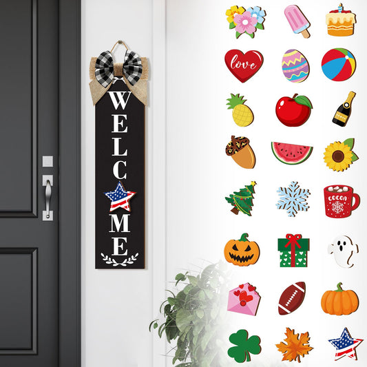 Sintuff Holiday Interchangeable Welcome Sign for Front Door Wood Porch Sign with 24 Pcs Seasonal Icons Home Farmhouse Holiday Welcome Outdoor Festival Seasonal Decoration (Black,Vintage)