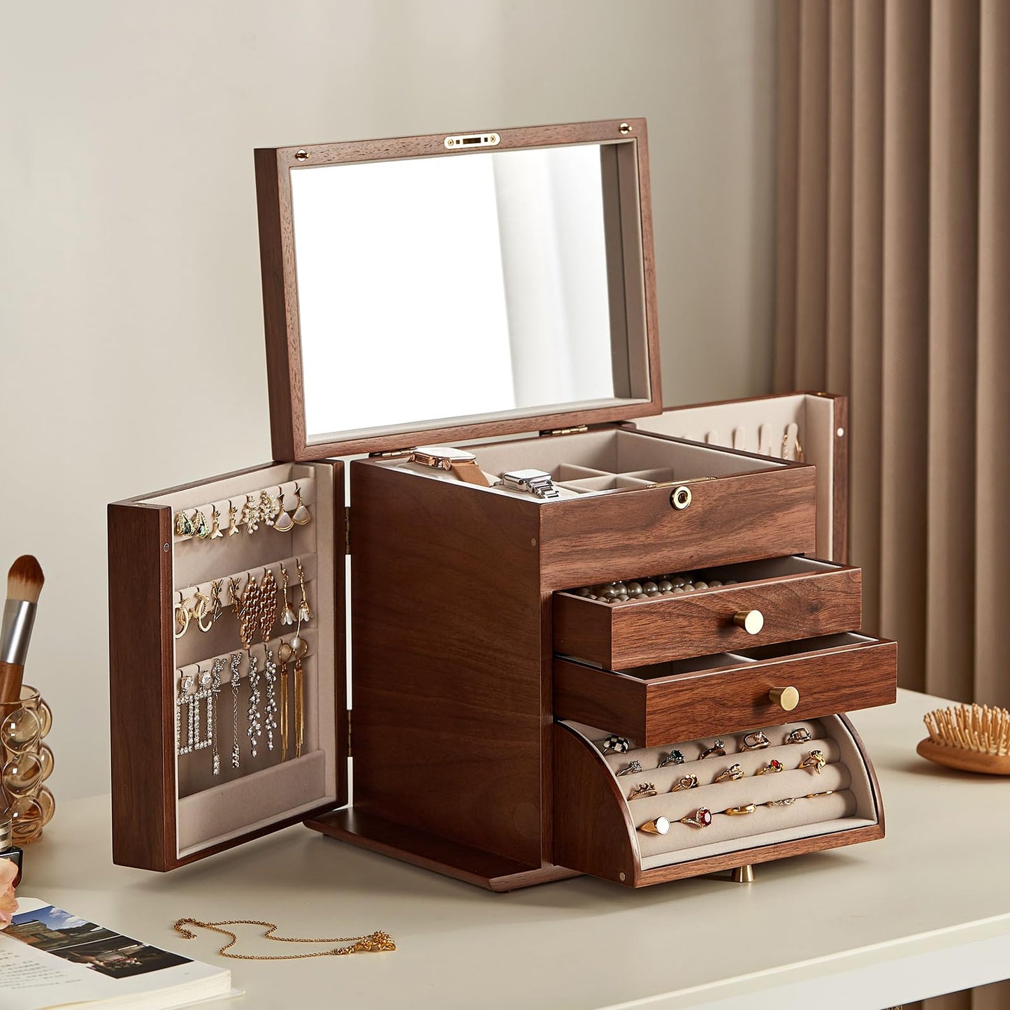 Homruilink Black Walnut Wooden Jewelry Box, Wood Jewelry Organizer with 2 Side Doors Mirror Lockable Classical for Watch Necklace Ring Earring, Fathers Day Gift-4 Layer with Curved Ring Grooves