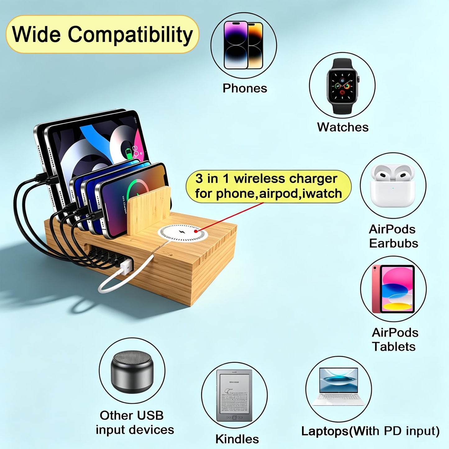 Xunhonom 6 Port USB Charging Station for Multiple Devices PD 100W Bamboo Charging Station Organzier with Detachable 15W 3 in 1 Wireless Charger Station for iPhone Android Apple Watch AirPod Tablet