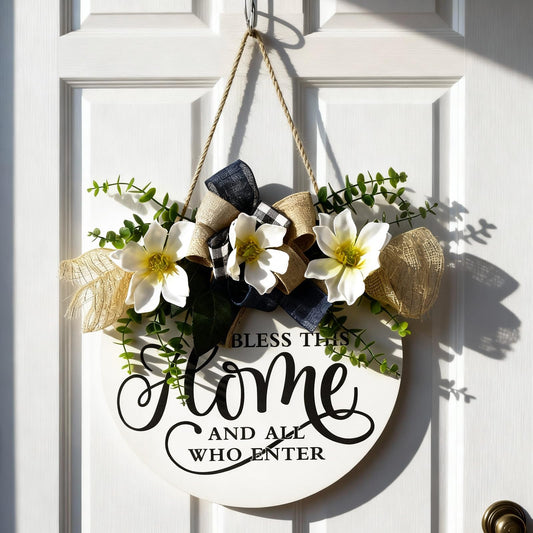 Kathfly Bless This Home and All Who Enter Wooden Front Door Sign Welcome Sign for Front Door Magnolia Summer Wreath 12 Inch Christian Home Decor Jesus Round Rustic Wall Hanging Decor for All Season