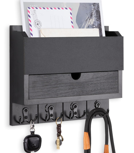 Lucundm Mail and Key Holder Wall Mount with Storage Drawer – Modern Wooden Mail Organizer for Wall Entryway, 7 Key Hooks & Chalkboard Panel – Stylish Home Decor for Apartments, Living Room, Office