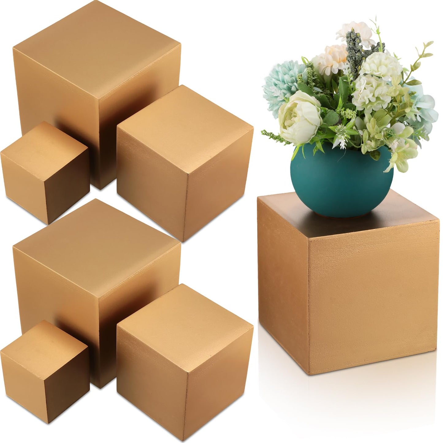 BBTO 6 Pcs Wooden Gold Buffet Risers, 3 Sizes Gold Wood Display Stands for Dessert Table, Countertop Square Cube Display Risers for Wedding Centerpieces Party Food Jewelry Plant Photography Props