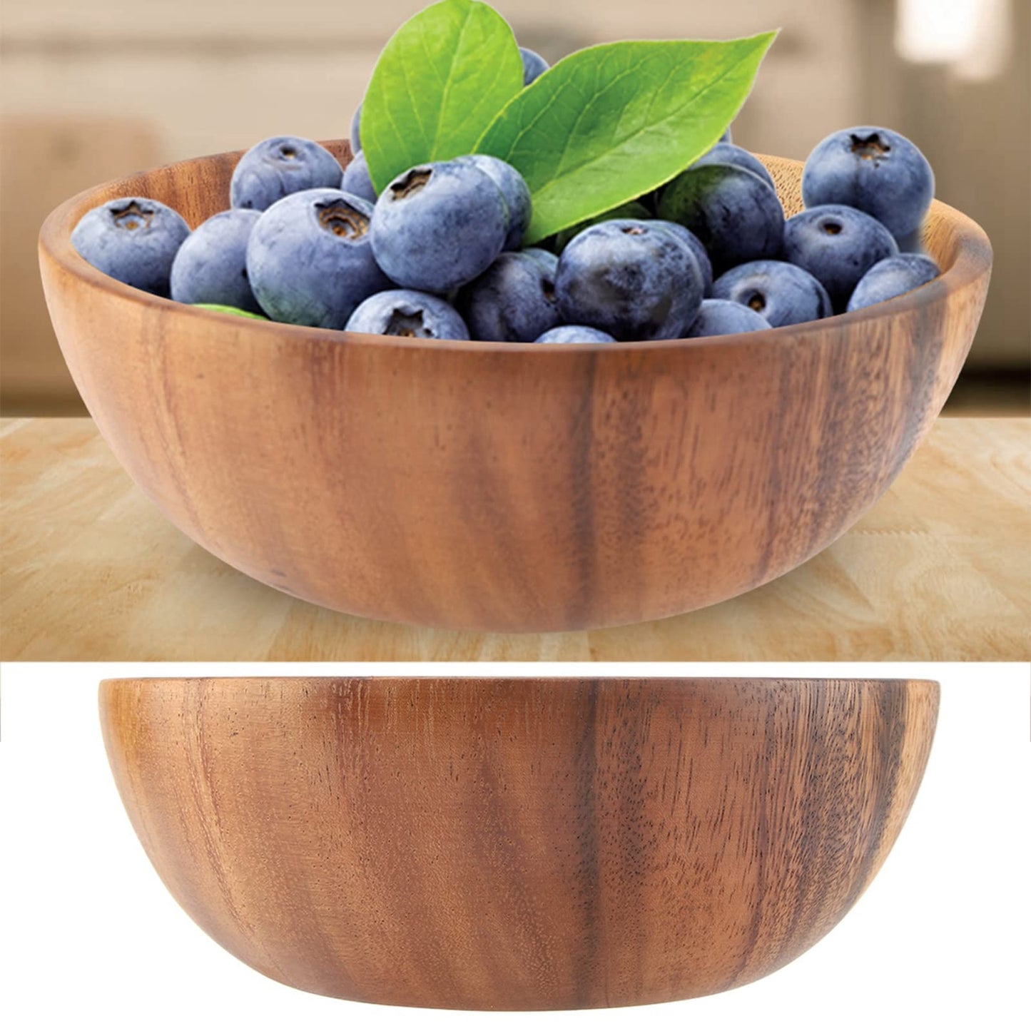 Oumefar Wooden Salad Bowl Sets, Acacia Wood Bowl Wooden Soup Bowl Light Smooth for Kitchen Utensils for Containing Salads,Vegetables,Fruit, Soups, Cereal and More Large (20 * 7cm)