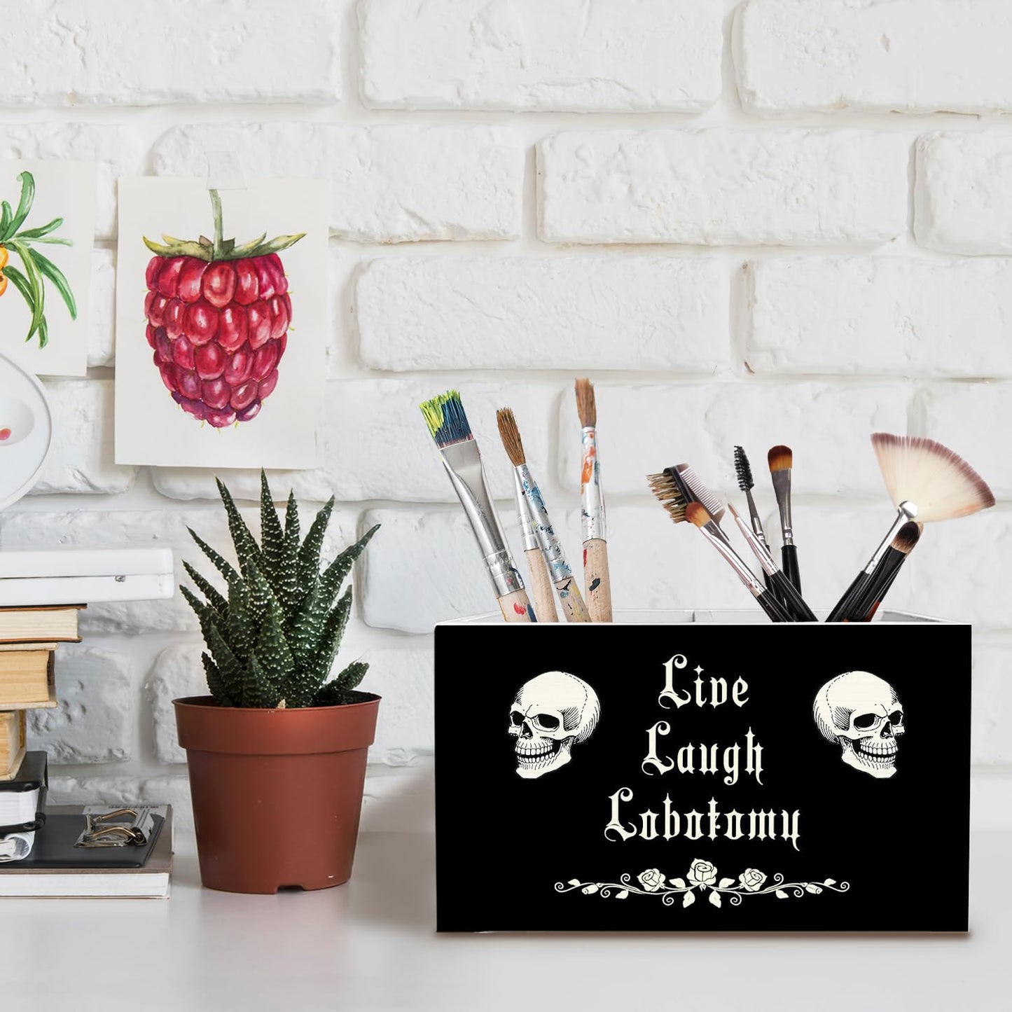 METNBASYY Dark Academia Gothic Skeleton Pen Holder for Desk, Funny Goth Skull Pencil Organizer, Live Laugh Lobotomy Dark Humor Wooden Box Sign Desk Decor for Home Office Decoration