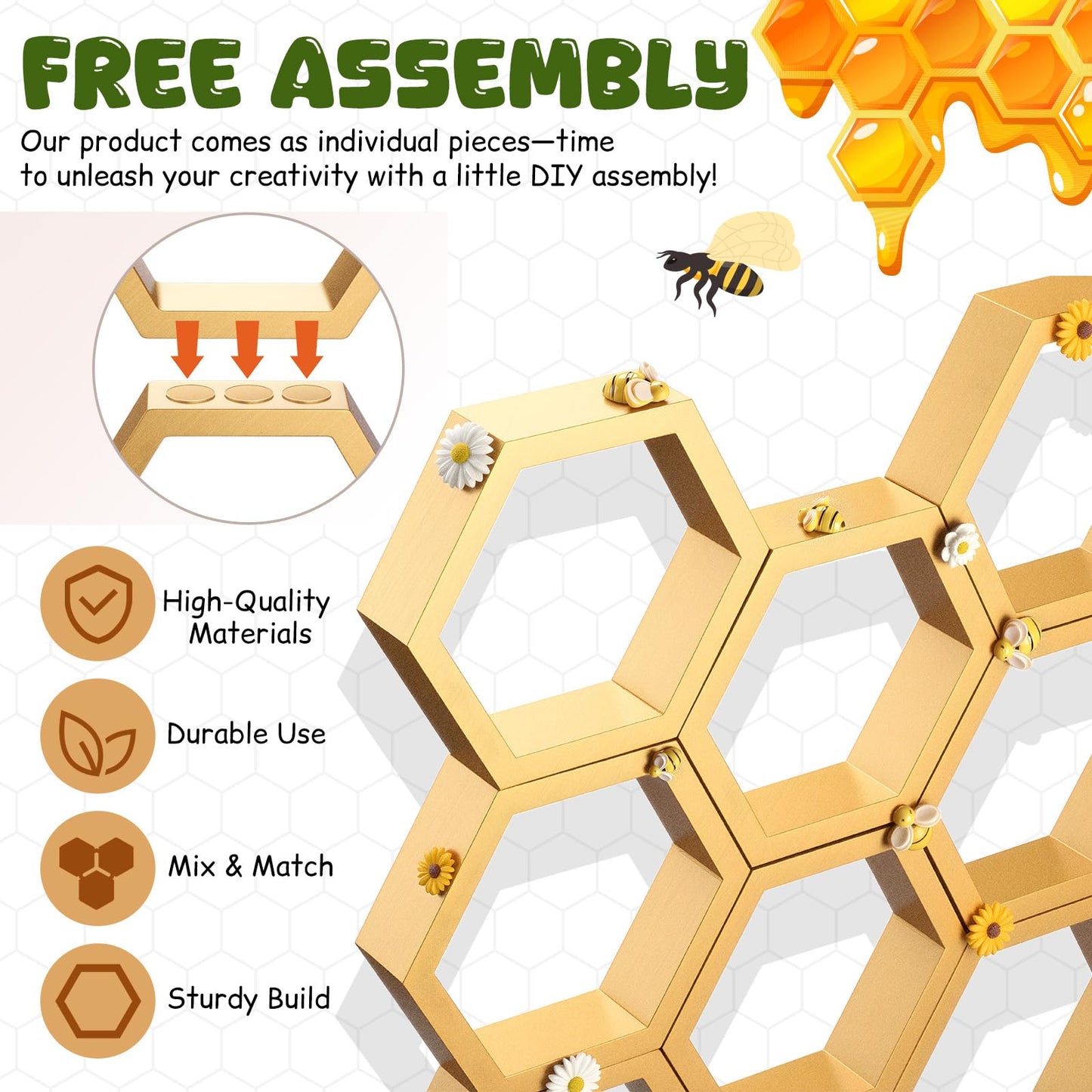 Lallisa 8 Pcs 6.3 Inch Honeycomb Cupcake Stand Bee Baby Shower Decorations with 16 Bee 8 Flower Farmhouse Wooden Hexagon Cake Display Holder Beehive Shelves Table Sign for First Gender Reveal