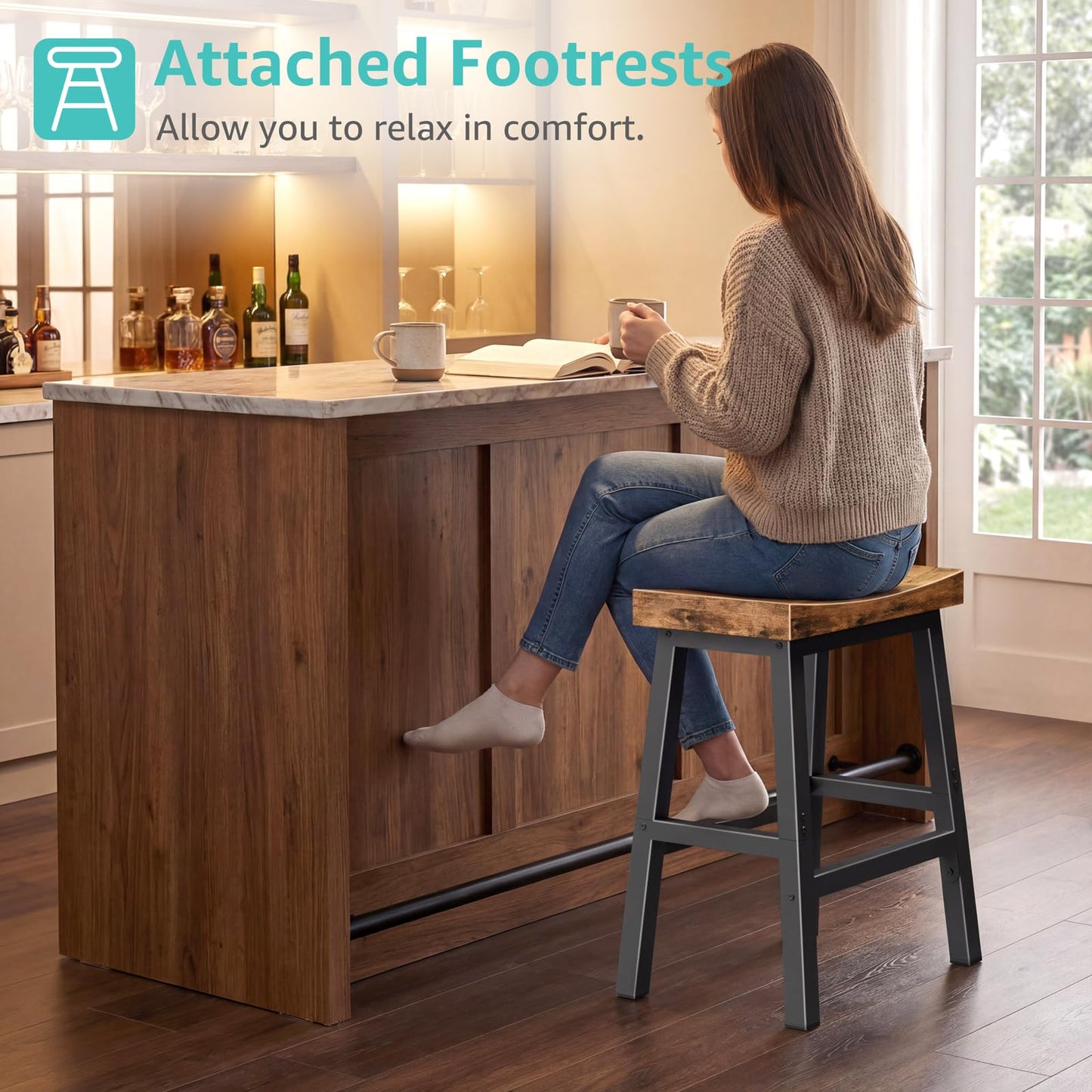 WINAZ Rustic Bar Stools, 24 Inch Barstools Set of 2, Counter Height Stool with Footrest, Wooden Stools for Kitchen Island, Heavy Duty Backless Chair for Dining Table Farmhouse Outdoor