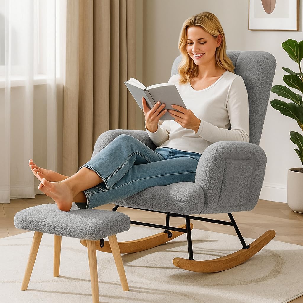 COMHOMA Nursery Rocking Chair with Ottoman, Teddy Glider Rocking Chair, Accent Chair with High Backrest Reading Chair for Adult, Nursery, Bedroom, Living Room, Offices (Gray with Ottoman)