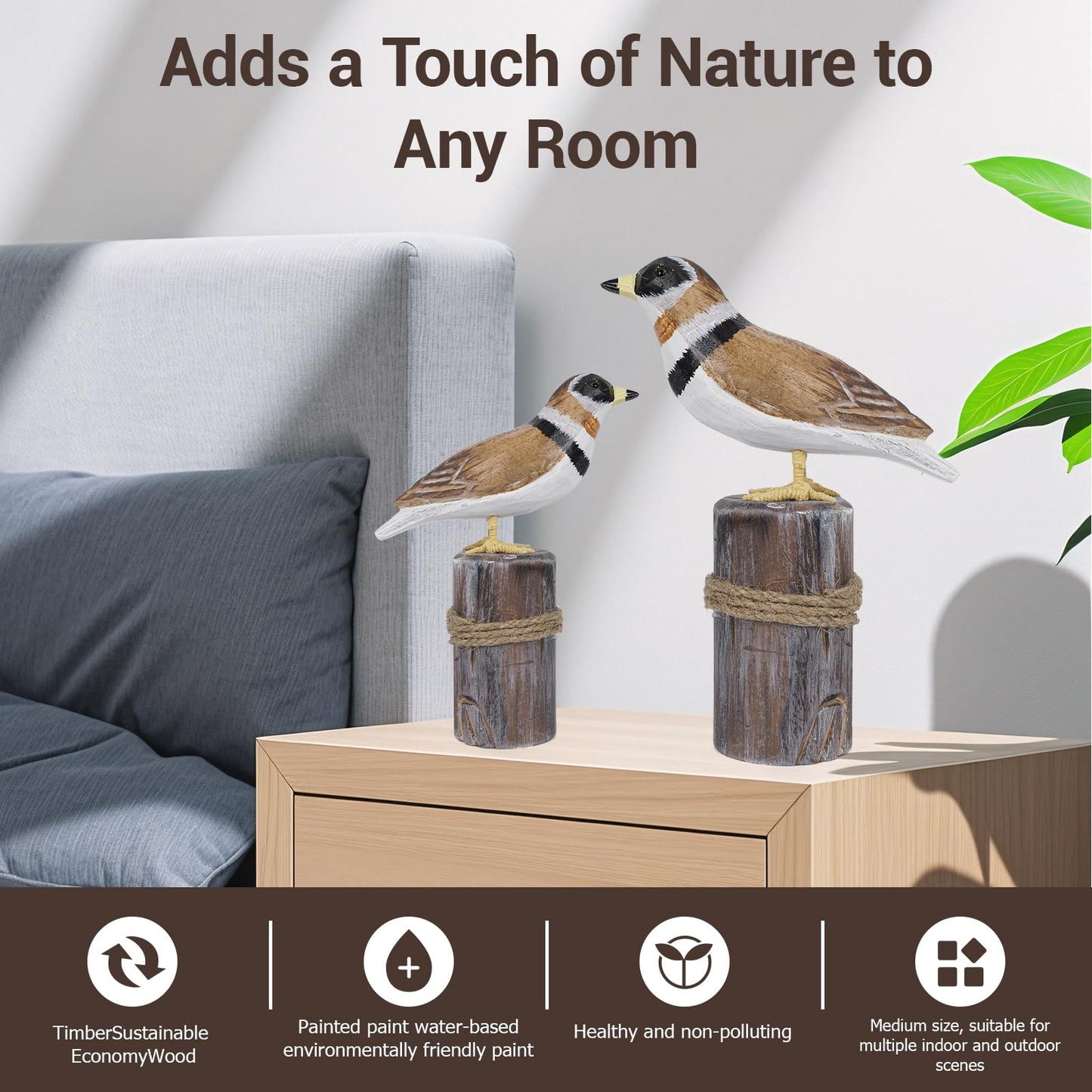 SANMENMO Hand-Carved Wooden Shorebird Decor – Set of 2 Seabird Figurines on Rustic Wood Posts, Coastal Nautical Theme Tabletop Ornaments for Home, Shelf, or Beach House Decor