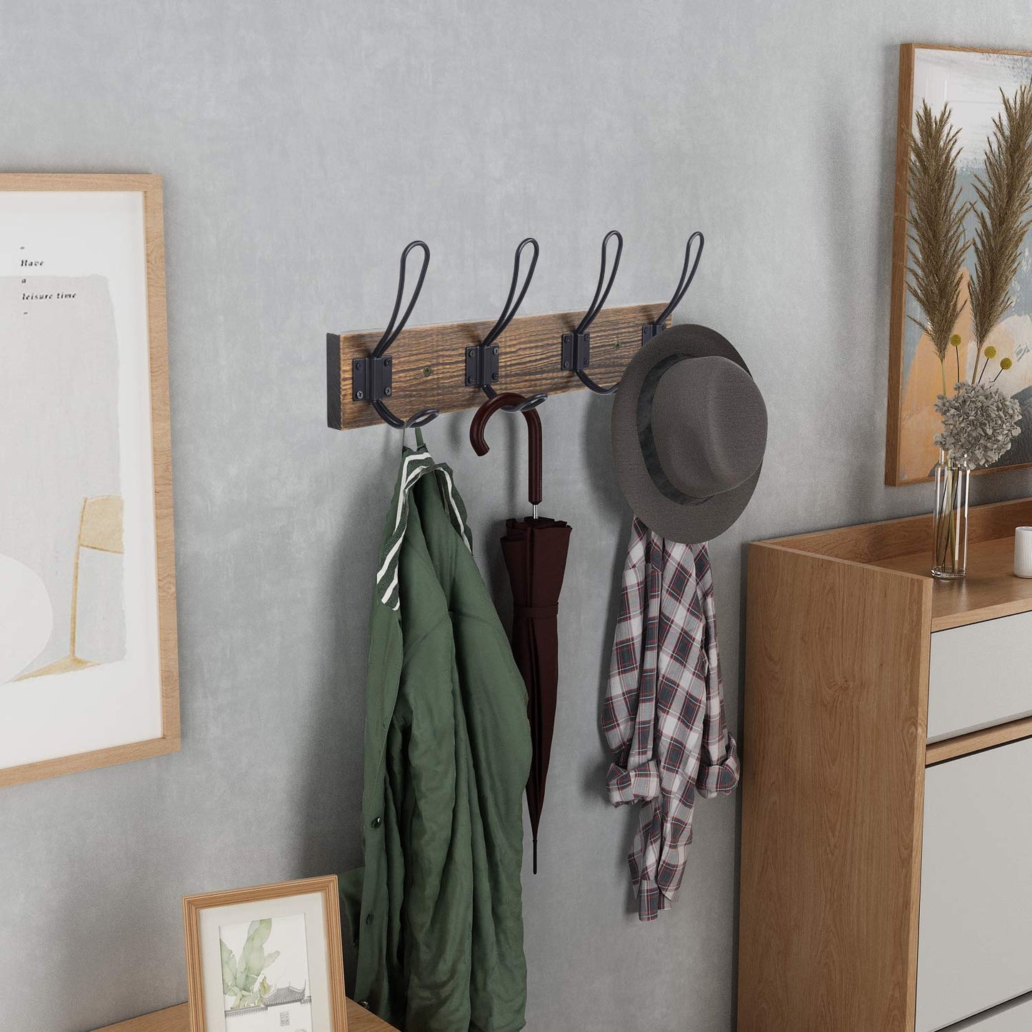 Homagic Rustic Wall Mounted Coat Hook with 4 Farmhouse Hooks - Solid Pine Wood Towel and Coat Rack for Bathroom, Entryway, Kitchen - Brown