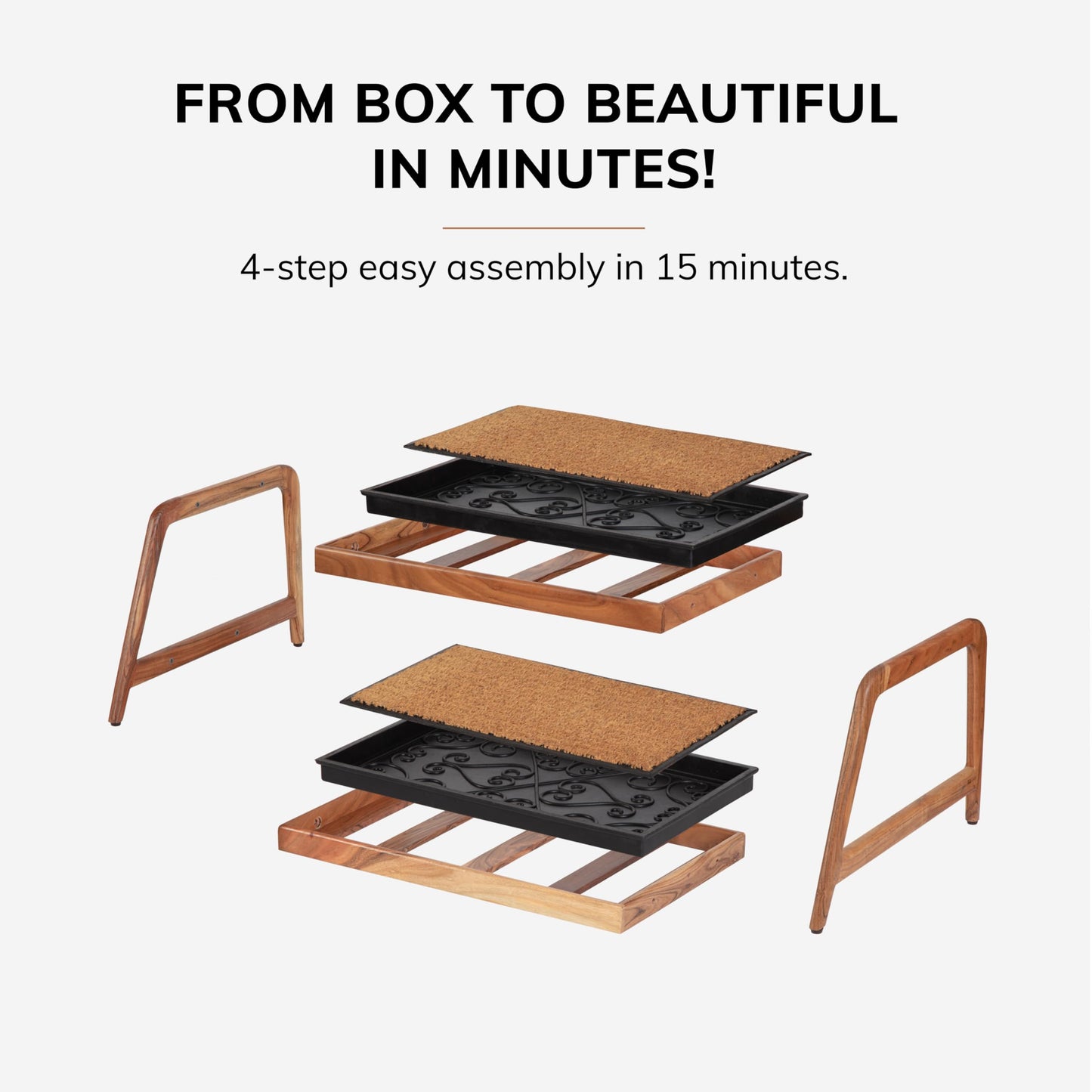 Anji Mountain Heavy Duty Waterproof Wooden Shoe Storage Mat Organizer/Boot Storage Tray Multi Use for Entryway with Coir, Gray and Ivory Insert, 2 Tier, Fits 4 Pair (26.5" Wide)