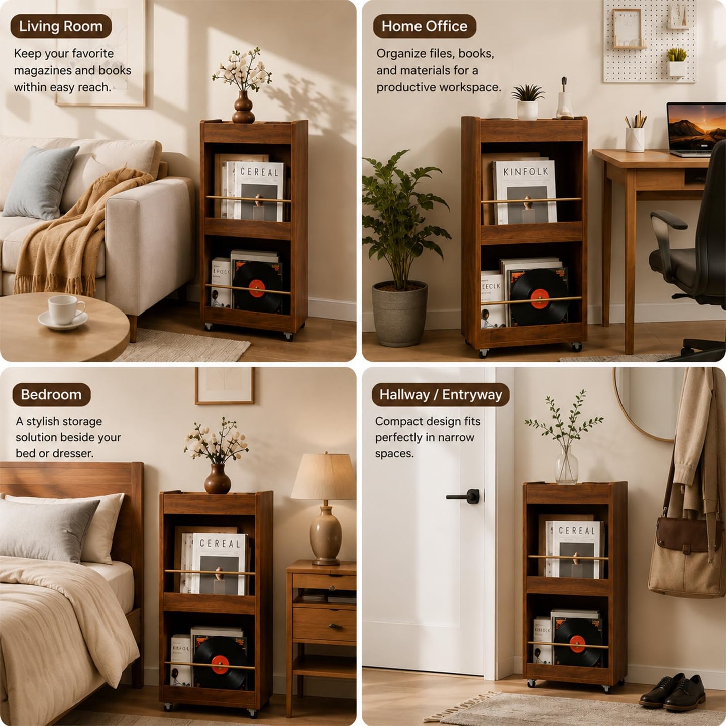 Movable Magazine Rack with Wheels, Wooden Vertical Display Organizer, Newspaper & Literature Holder, Multi-Purpose Storage Shelf for Office, Bedroom, Boutique, and Retail Black 15.7''*5.9''*29.5''