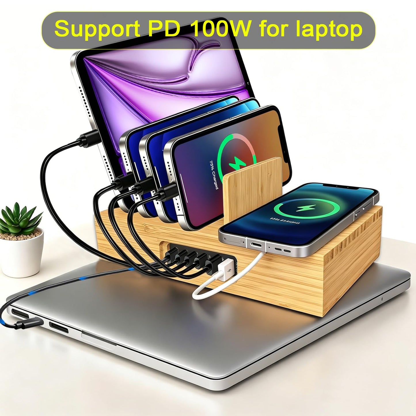 Xunhonom 6 Port USB Charging Station for Multiple Devices PD 100W Bamboo Charging Station Organzier with Detachable 15W 3 in 1 Wireless Charger Station for iPhone Android Apple Watch AirPod Tablet