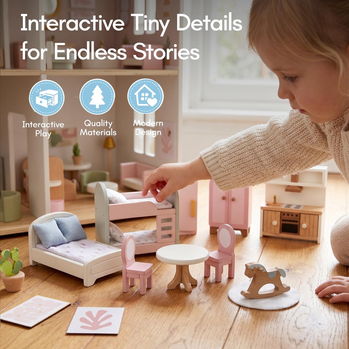 Giant bean 33PCS Wooden Dollhouse Furniture Set for Kids, Modern Pink Doll House Furniture Accessories with Bedroom, Nursery, Kitchen, Bathroom,Living Room, Montessori Pretend Play Toys for Girls 3+