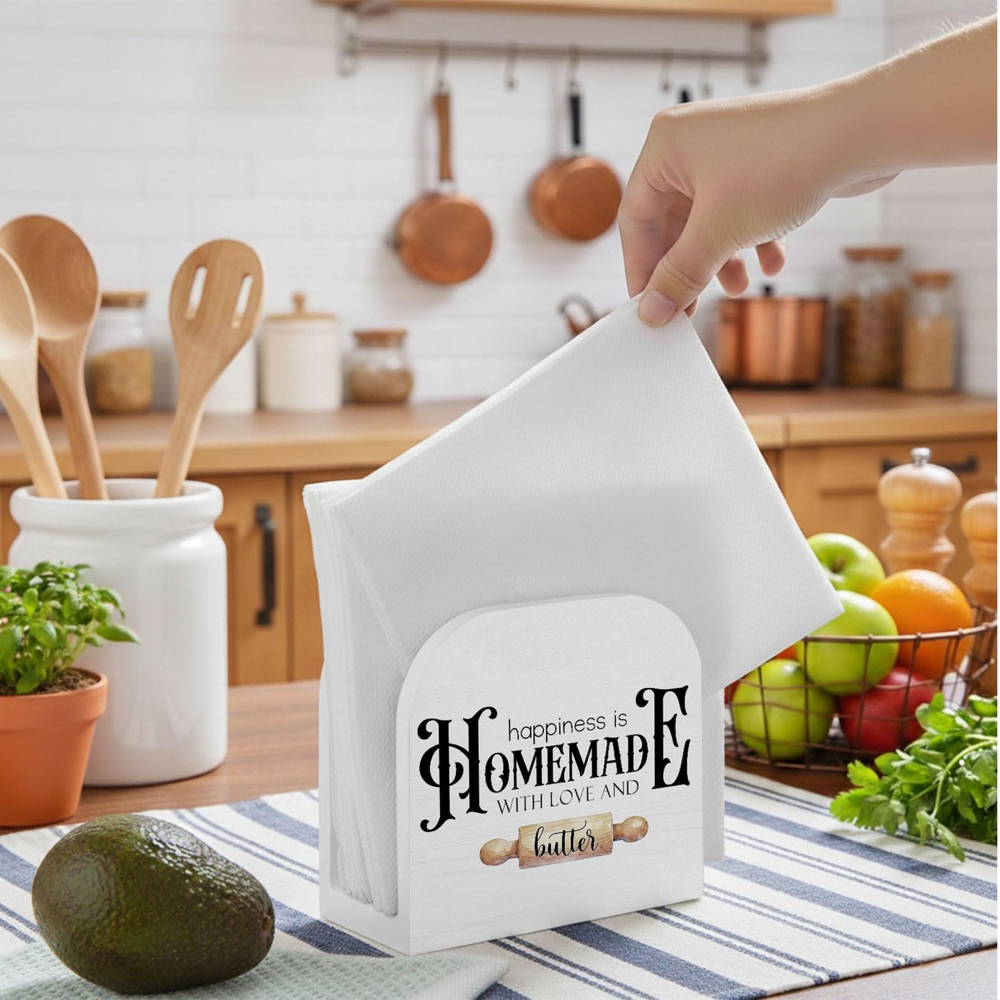 YRDBGHZDF Baking Kitchen Wood Napkin Holder, Happiness Is Homemade with Love and Butter Wooden Standing Napkin Dispenser for Table Kitchen Dining Room Party Bakery Decorations