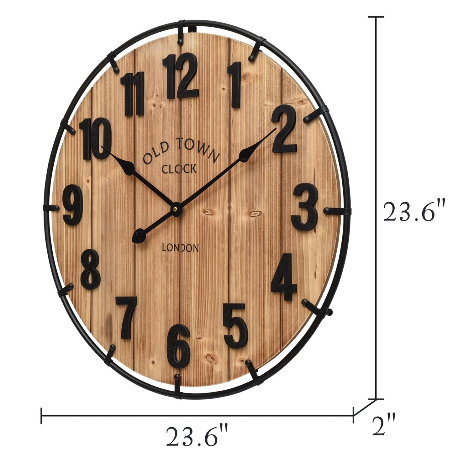 MICWIC 24 Inch Farmhouse Wall Clock Large Old Town Vintage Rustic Wooden Clock with Metal Rim and Large Numerals, Silent Battery-Operated for Office, Kitchen, Bedroom, and Living Room