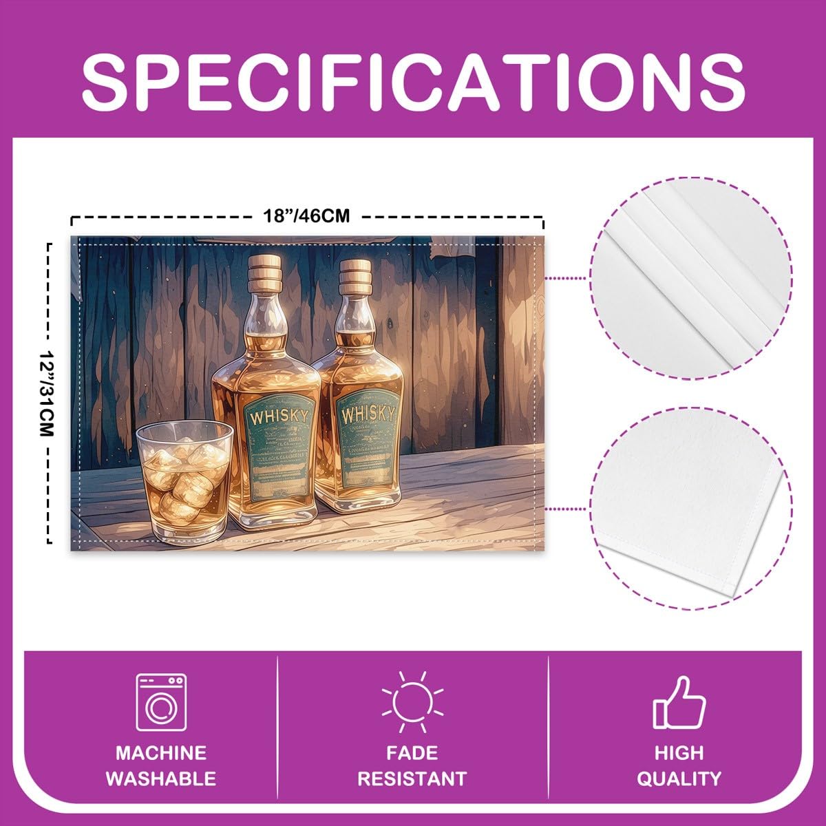 Whiskey 12x18 Inch Placemats for Dining Table,Beer Glass Bar Waterproof Table Place Mat for Party Decoration,Retro Wooden Board Washable Table Mats Set of 4