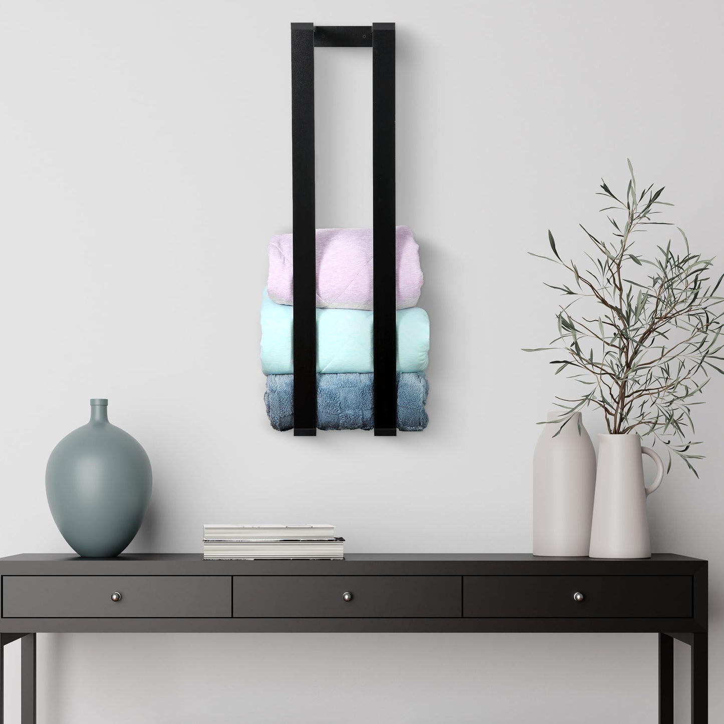 RELODECOR Blanket Wall Rack – Floating Shelf for Living Room & Bedroom, Rustic Wall-Mounted Blanket Holder, Bedding & Towel Organizer, Space-Saving, Stylish Black Design