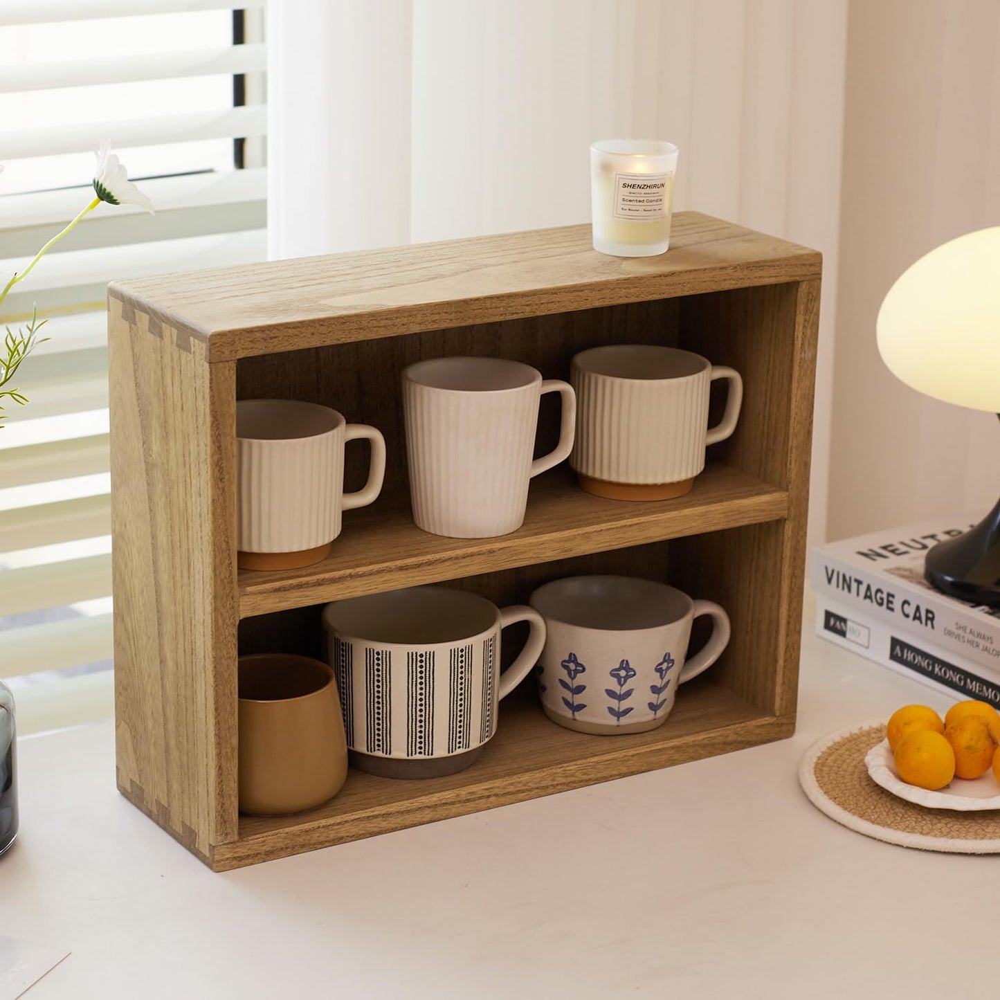 KIRIGEN 2-Tier Wooden Storage Cabinet, Solid Wood Kitchen Counter Organizer, Multi-Functional Storage Shelf for Mugs, Spices, Cosmetics, Coffee, Figure, Home Accessories Storage Rack BZG-DBR